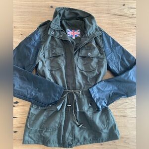 Miss London Flag Label Trooper Jacket Cotton Poly Olive Black Women’s L Preloved